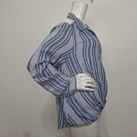 Vintage America Blue White Front Twist Western Casual Roll Tab Sleeve Blouse XL - Picture 10 of 13